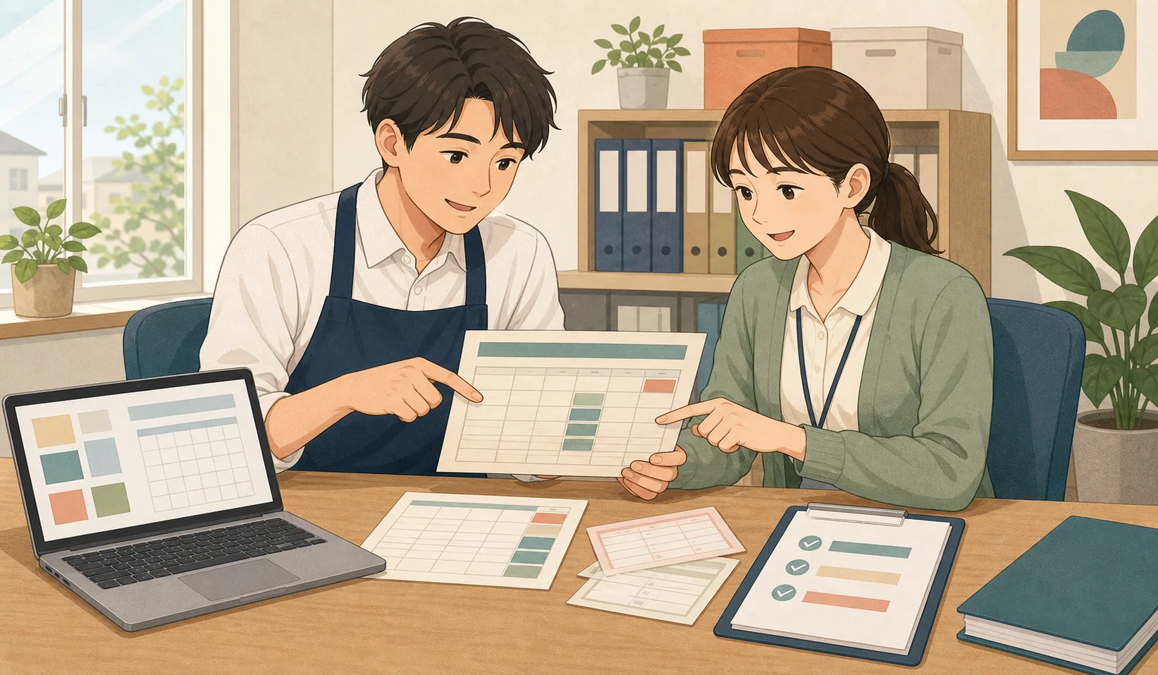 店長と給与担当が勤怠資料を照合しているイラスト