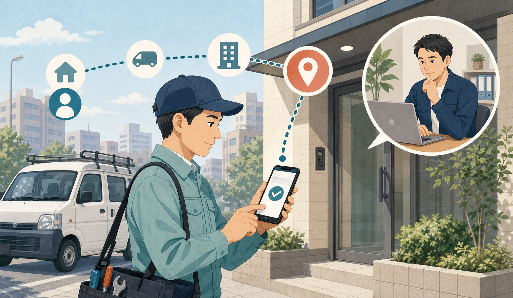 訪問先へ直行した作業スタッフがスマートフォンで開始記録をするイラスト