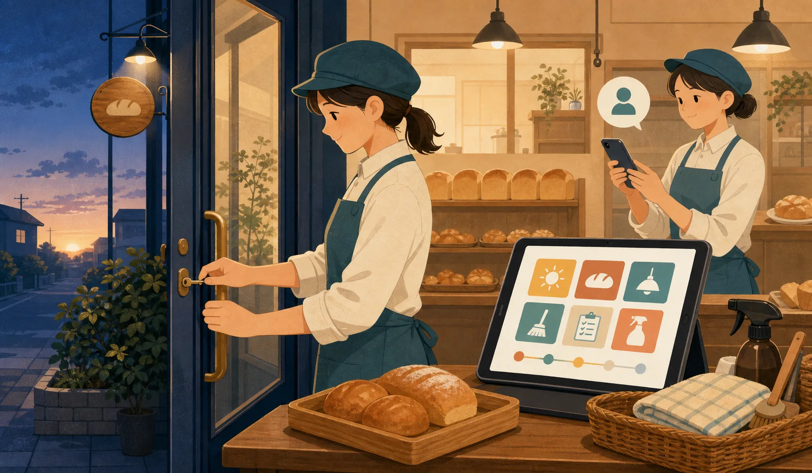 早朝に店舗を開けて連絡確認をするスタッフのイラスト
