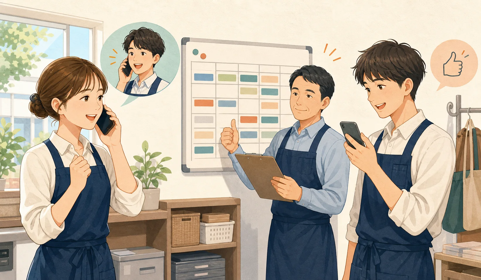 店長とスタッフが急なシフト交代を連絡し合うイラスト