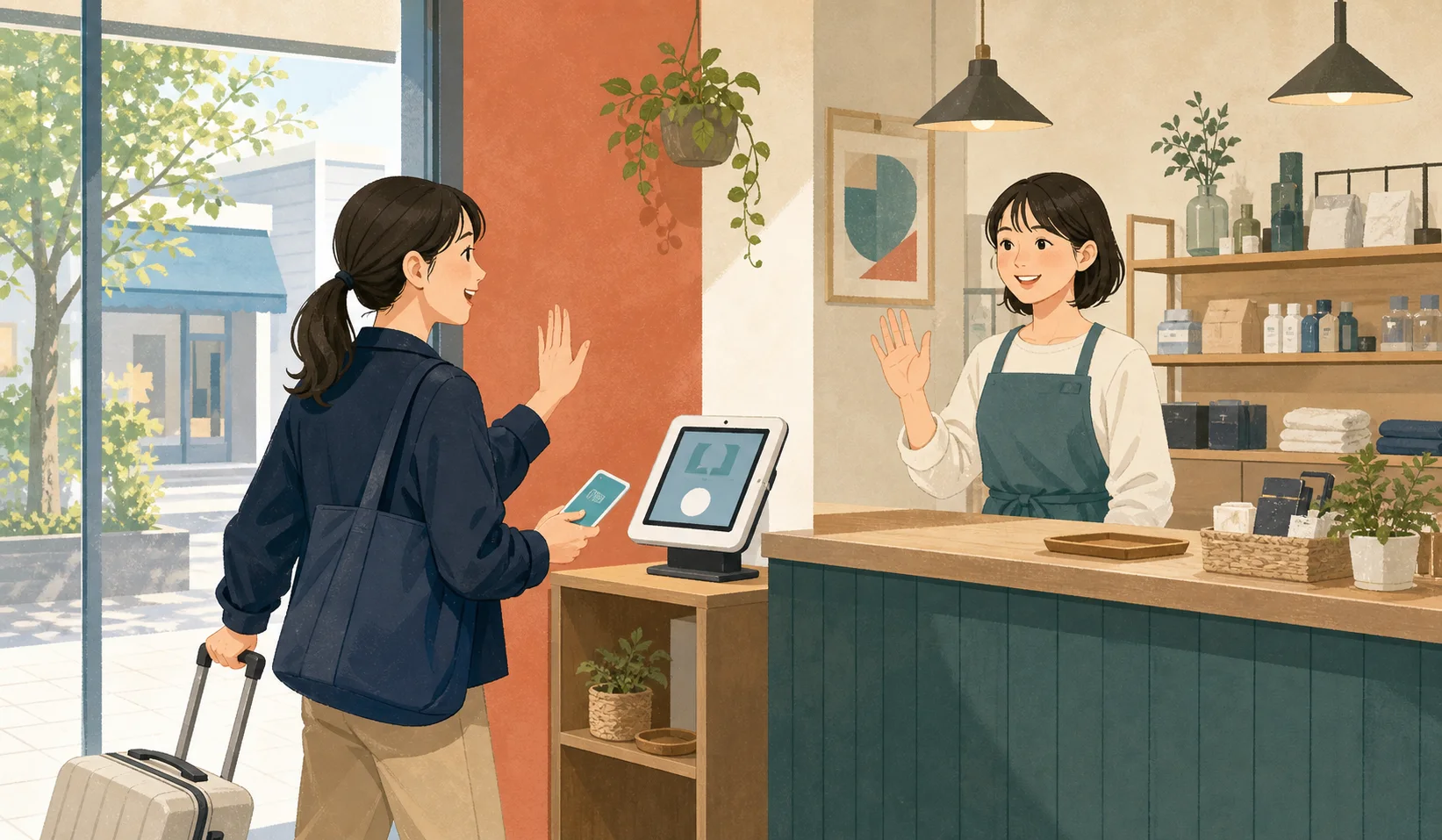 応援先の店舗で共有タブレットを使うスタッフのイラスト