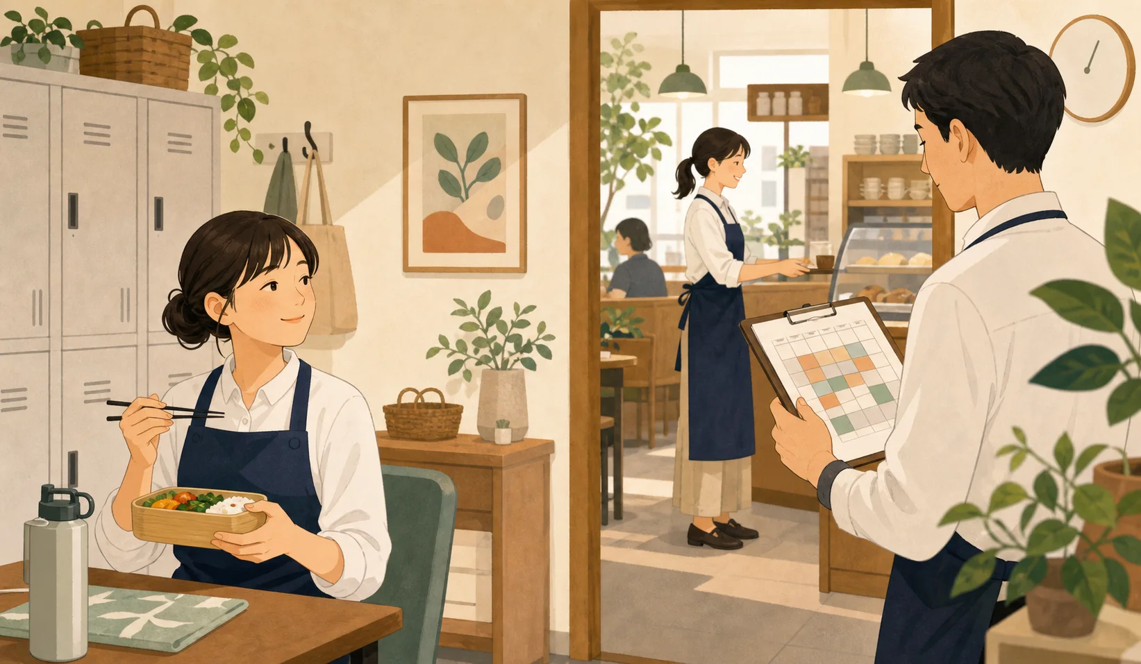 交代スタッフに任せて休憩室で食事を取るアルバイトのイラスト