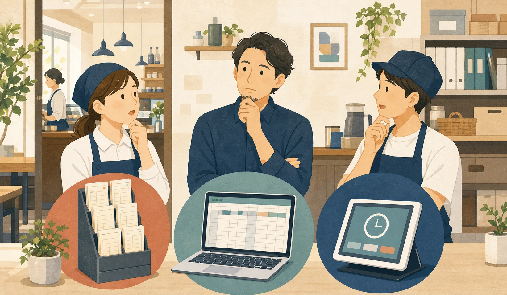紙、Excel、Web打刻をナビ店長が比較している図解
