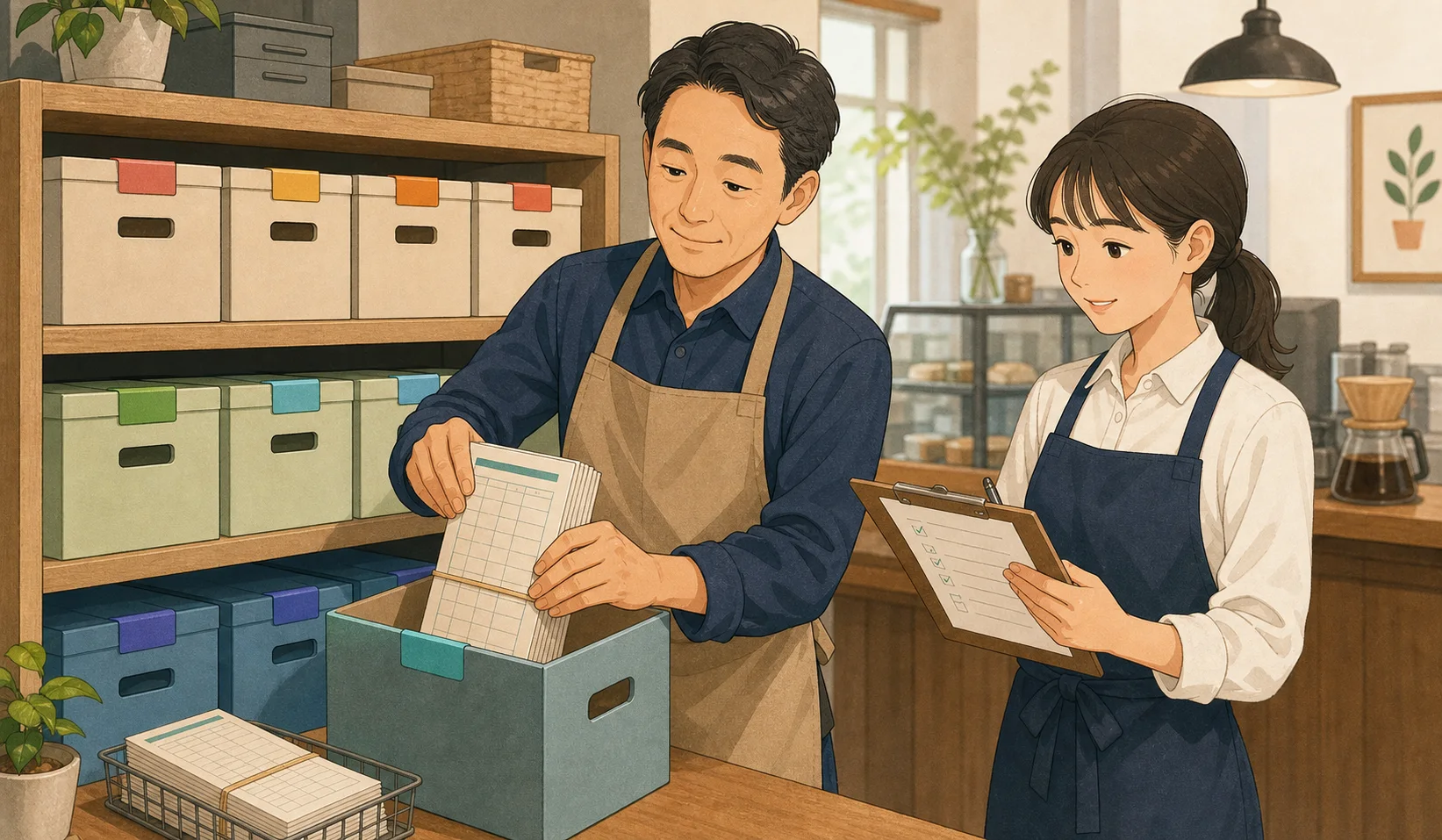 店長とスタッフがタイムカードを色分けした保存箱へ整理しているイラスト