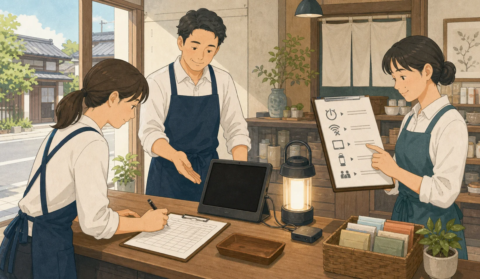 停止した打刻端末の横で紙の代替記録を使うスタッフのイラスト